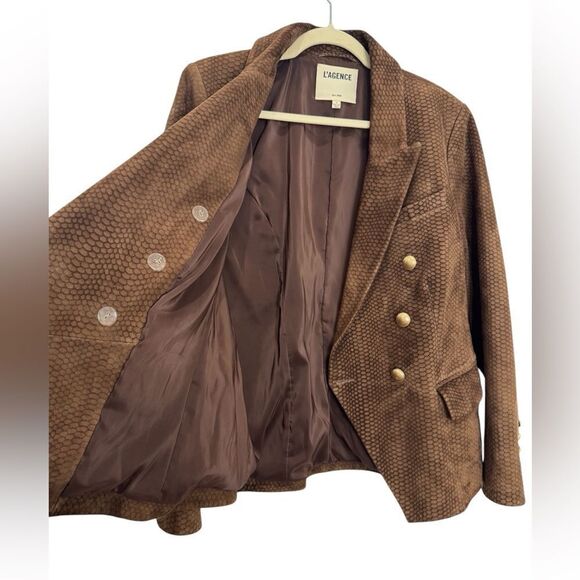 L'AGENCE $1595 Kenzie Double Breasted Leather Blazer in brown suede - Picture 11 of 15